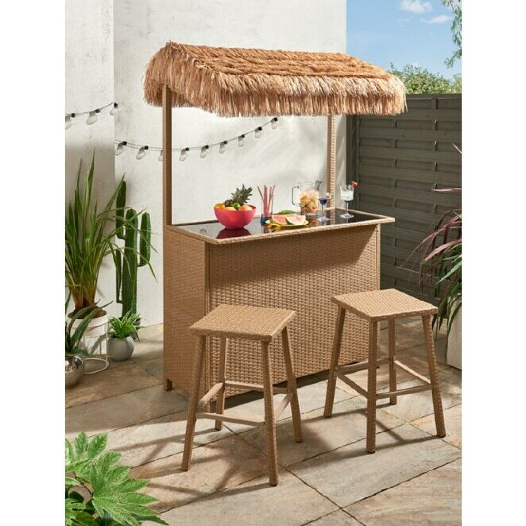 Tiki 3-Piece Bar Set with Tropical Canopy Garden Outdoor Furniture 