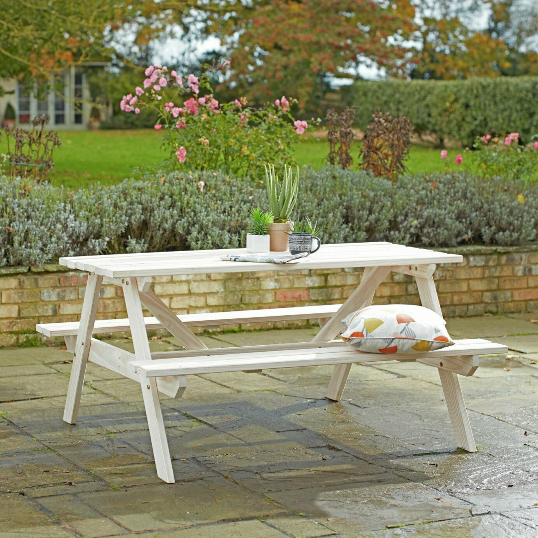 Home Wooden 4 Seater Picnic Bench - White