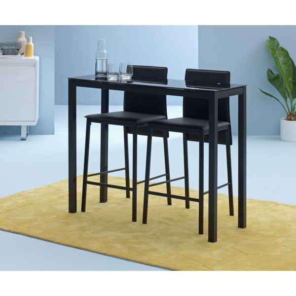 Lido Glass Bar Table & 2 Black Chairs