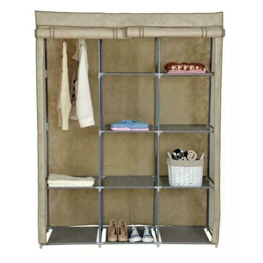 Dbl Modular Metal Framed Fabric Wardrobe - Jute | Jute Fabric Wardrobe Storage