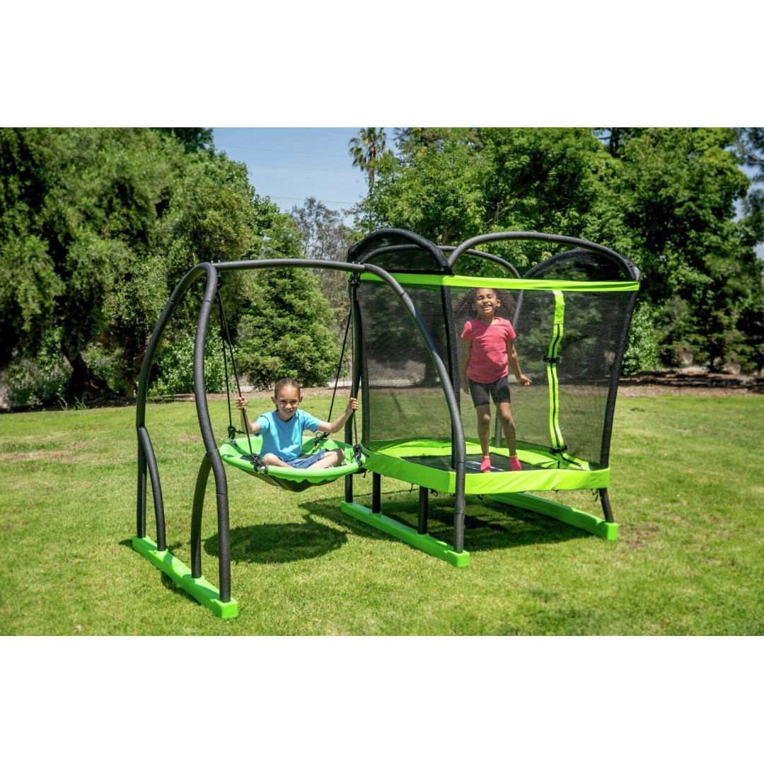 swing set with saucer and trampoline