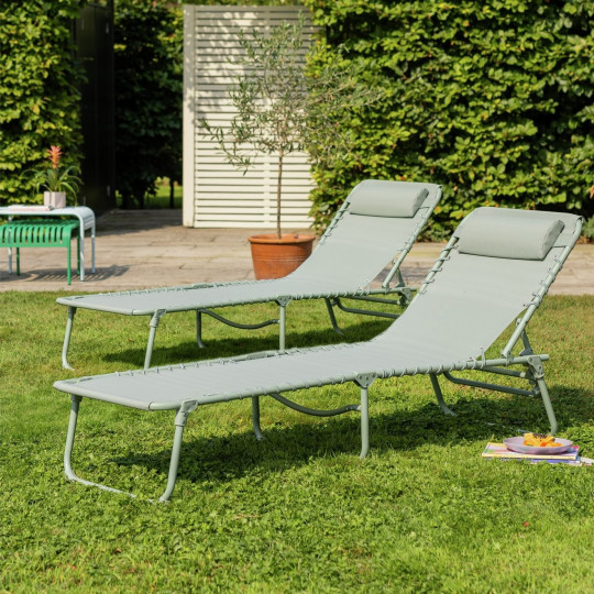 Home Set of 2 Folding Metal Sun Loungers - Green