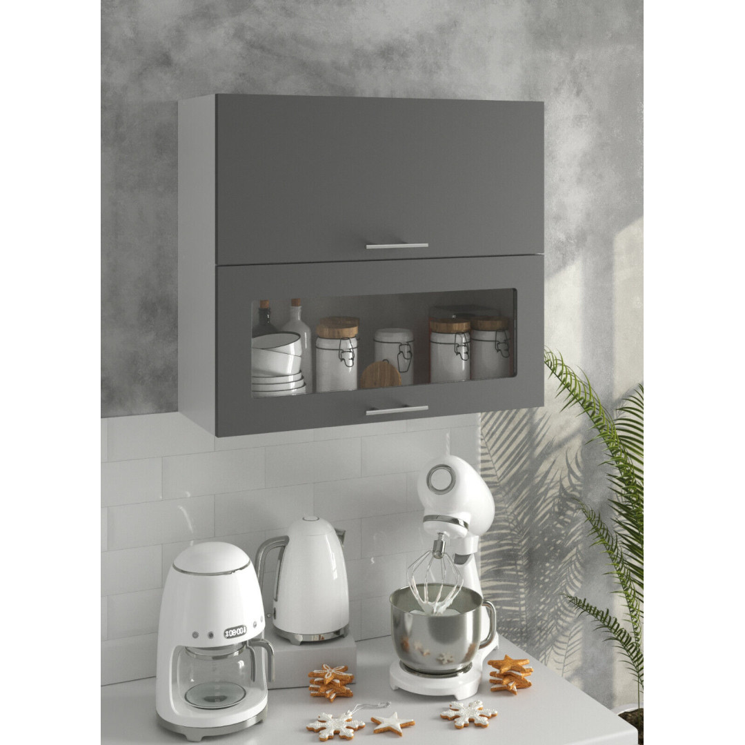 Kitchen Wall Display Glass Cabinet 800mm Extractor Mounted Upper -Dark Grey Matt