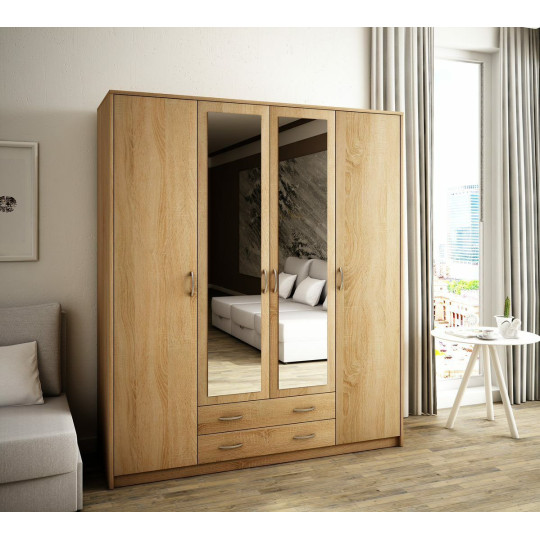 Wiktoria 4 Door 2 Drawer mirrored wardrobe - Light Oak