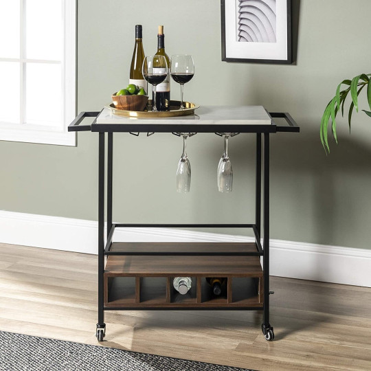 Modern Industrial Bar Serving Cart - White Marble & Dark Walnut