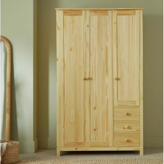 Home Scandinavia 3 Door 3 Drawer Wardrobe Pine | Large Bedroom Storage Furniture