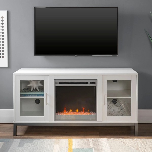 Avenue TV Stand with Crystal Fireplace - White