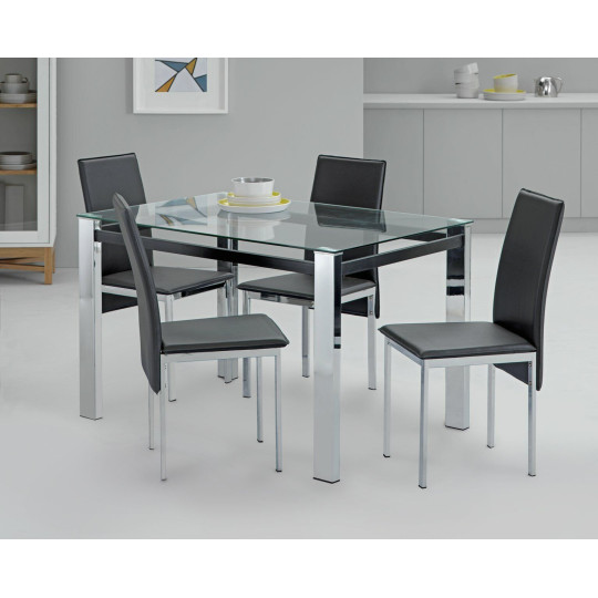 Home Fitz Glass Dining Table & 4 Black Chairs | Modern Kitchen Furniture Set