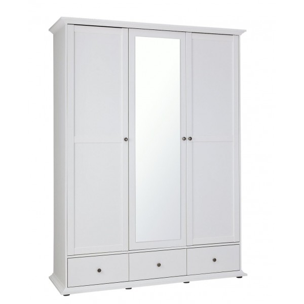 Heathland 3 Door 3 Drawer Mirror Wardrobe - White