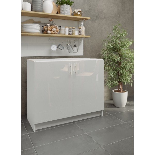 Kitchen Base Unit 1000mm Storage Cabinet & Doors 100cm- White Gloss (No Worktop)