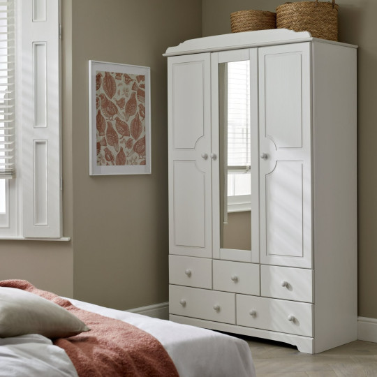 Home Nordic 3 Door 5 Drawer Mirror Wardrobe - White | triple wardrobe white