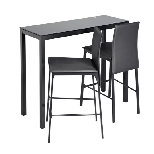 Lido Glass Dining Bar Table and 2 Chairs Black 110cm For Kitchen or Living Room