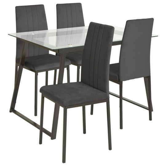 Home Tyrus Glass Dining Table & 4 Charcoal Chairs | Modern Kitchen Dining Set