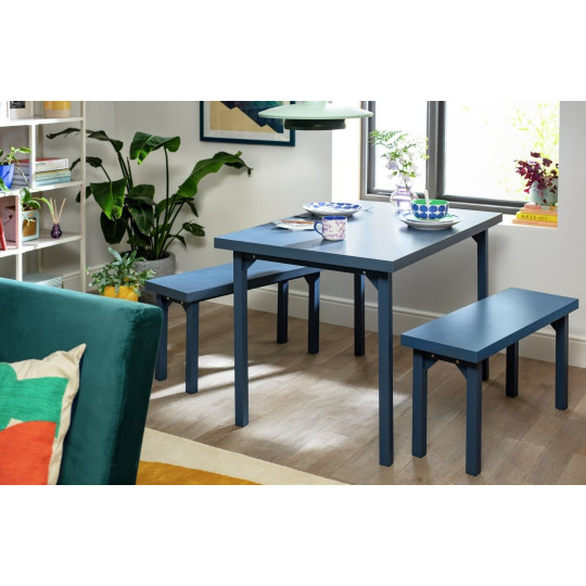 Zayn Dining Table & 2 Blue Benches