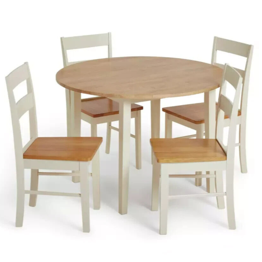 Chicago Solid Wood Round Table & 4 Off White Chair