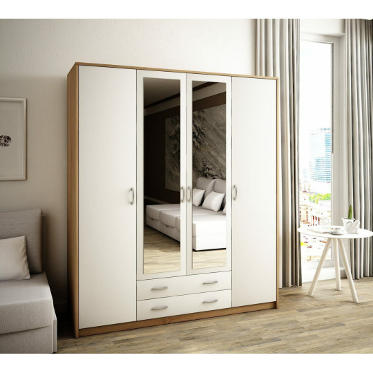 Wiktoria 4 Door 2 Drawer mirrored wardrobe - White and Light Oak
