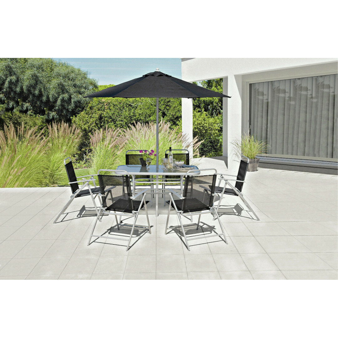 8 Piece Rectangular Garden Patio Set Table, 6 Chairs & Parasol