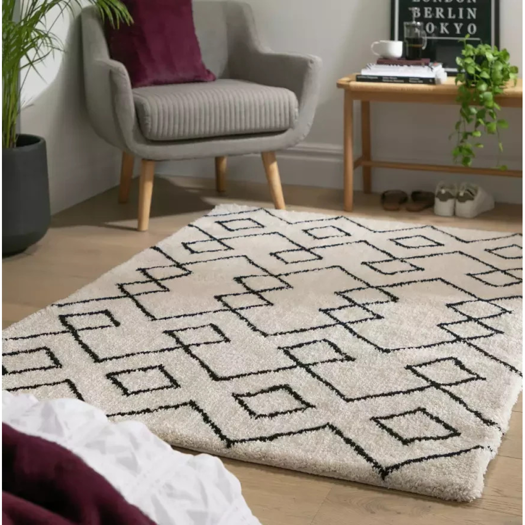 Diamond Tufted Cream & Black Rug 120x170cm | Modern Living Room Floor Rug Carpet Diamond Tufted Cream & Black Rug 120x170cm | Modern Living Room Floor Rug Carpet