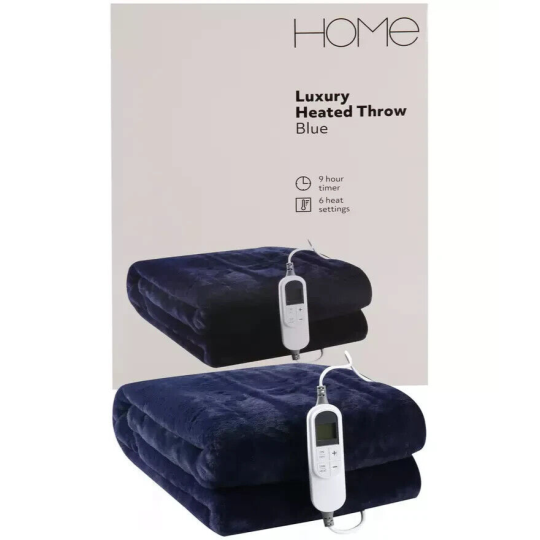 Blue Heated Throw | Electric Heated Blanket Soft Fleece Warm Washable Throw