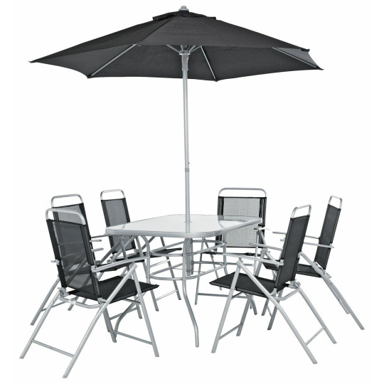 Home Pacific 6 Seater Folding Metal Patio Set - Black | Furniture With Parasol