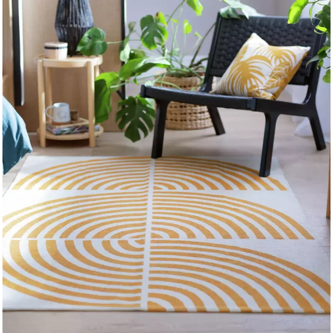 Global Swirl Yellow Cotton Rug 120x170cm | Modern Living Room Floor Rug Carpet Global Swirl Yellow Cotton Rug 120x170cm | Modern Living Room Floor Rug Carpet