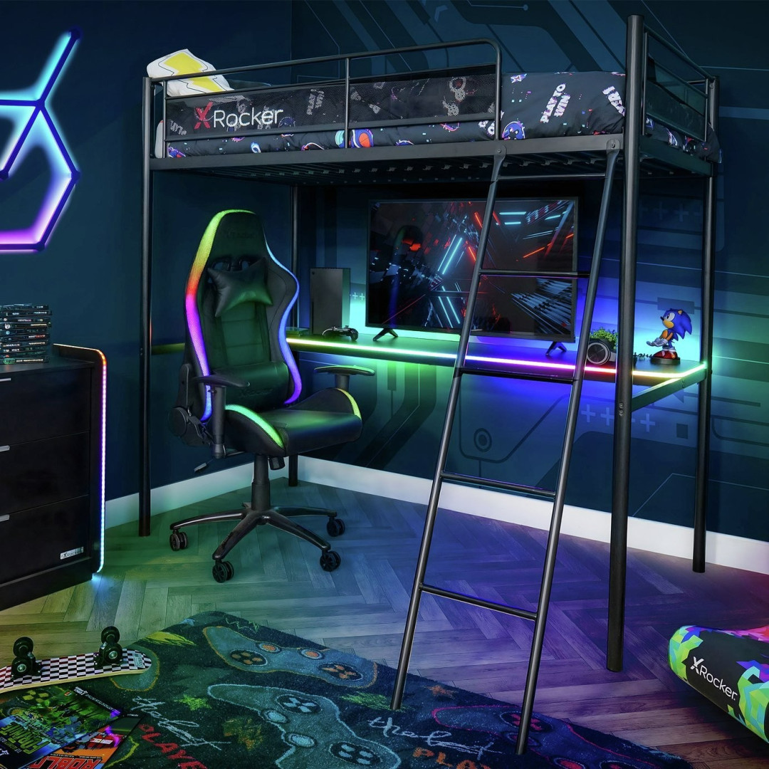 X Rocker HQ RGB LED Gaming High Sleeper Bed with Desk- Black | Integrated Study X Rocker HQ RGB LED Gaming High Sleeper Bed with Desk- Black | Integrated Study