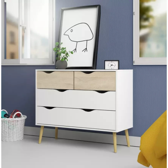Tvilum Oslo 4 Drawer Chest White & Oak | Bedroom Storage Chest of Drawers