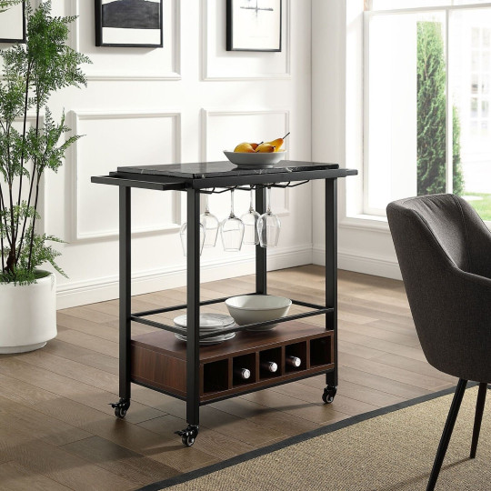 34 Inch Modern Industrial Bar Serving Cart - Black Marble/Dark Walnut