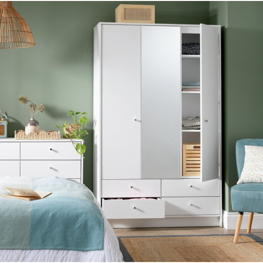 Home Malibu 3 Door 4 Drawer Mirror Wardrobe - White | wardrobe with mirror