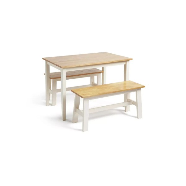 Chicago Solid Wood Table & 2 Off White Benches