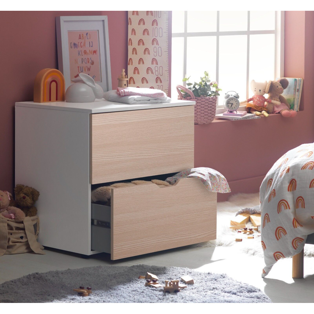 Kids Pod 2 Drawer Low Chest of Drawers-Acacia Effect