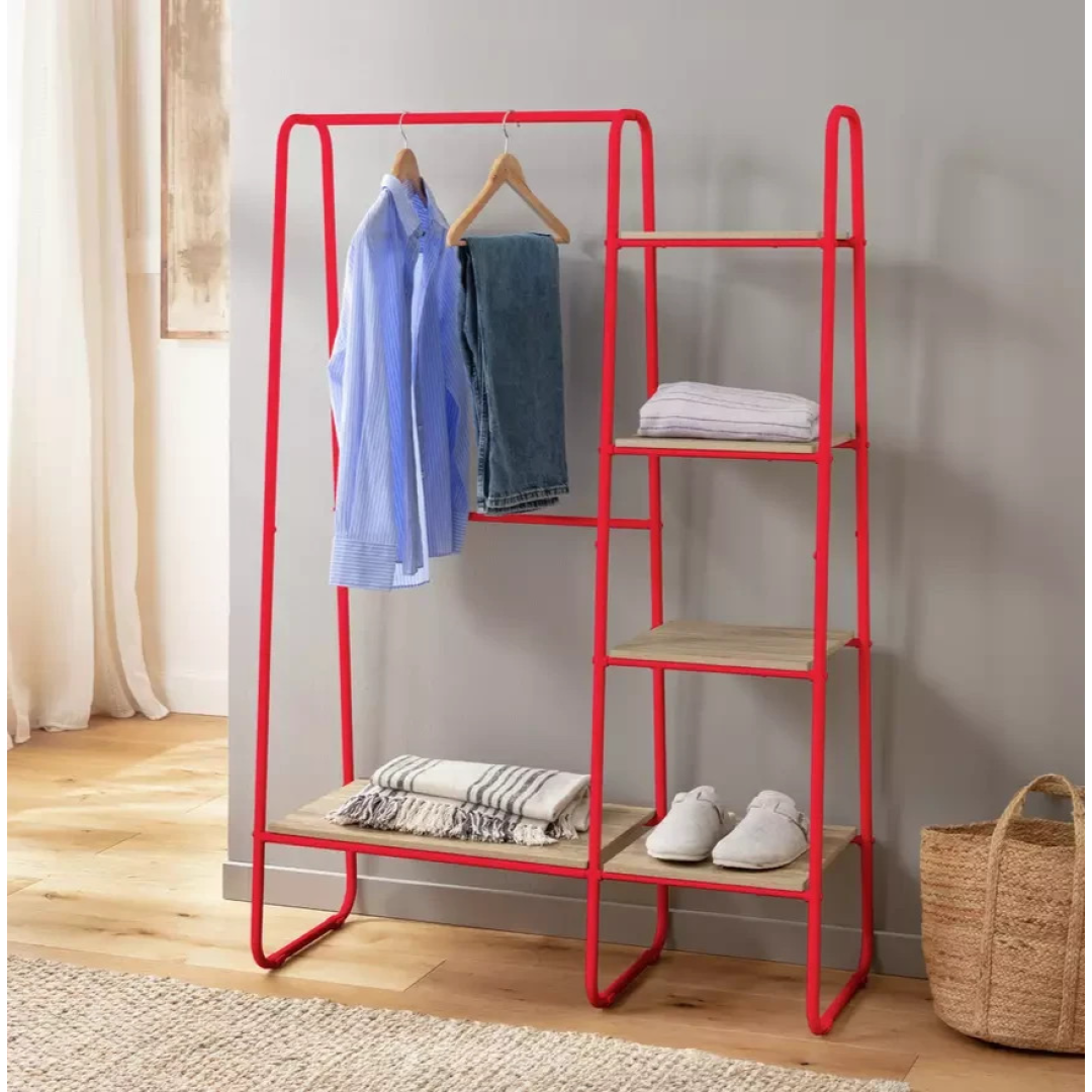 Ryan Clothes Rail with Shelves Red | Open Wardrobe Storage Rack Furniture Ryan Clothes Rail with Shelves Red | Open Wardrobe Storage Rack Furniture