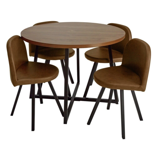 Nomad Modern Round Dining Table and 4 Chairs Faux Leather Oak Effect