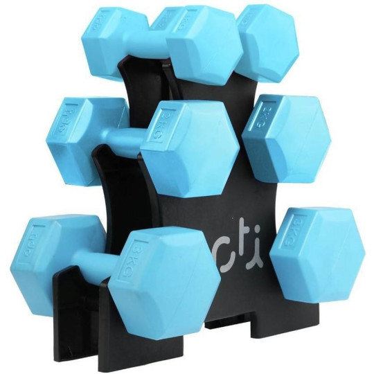 Opti 12kg Circular Fixed Dumbbell 6 Piece Weights Set Storage Blue Weights
