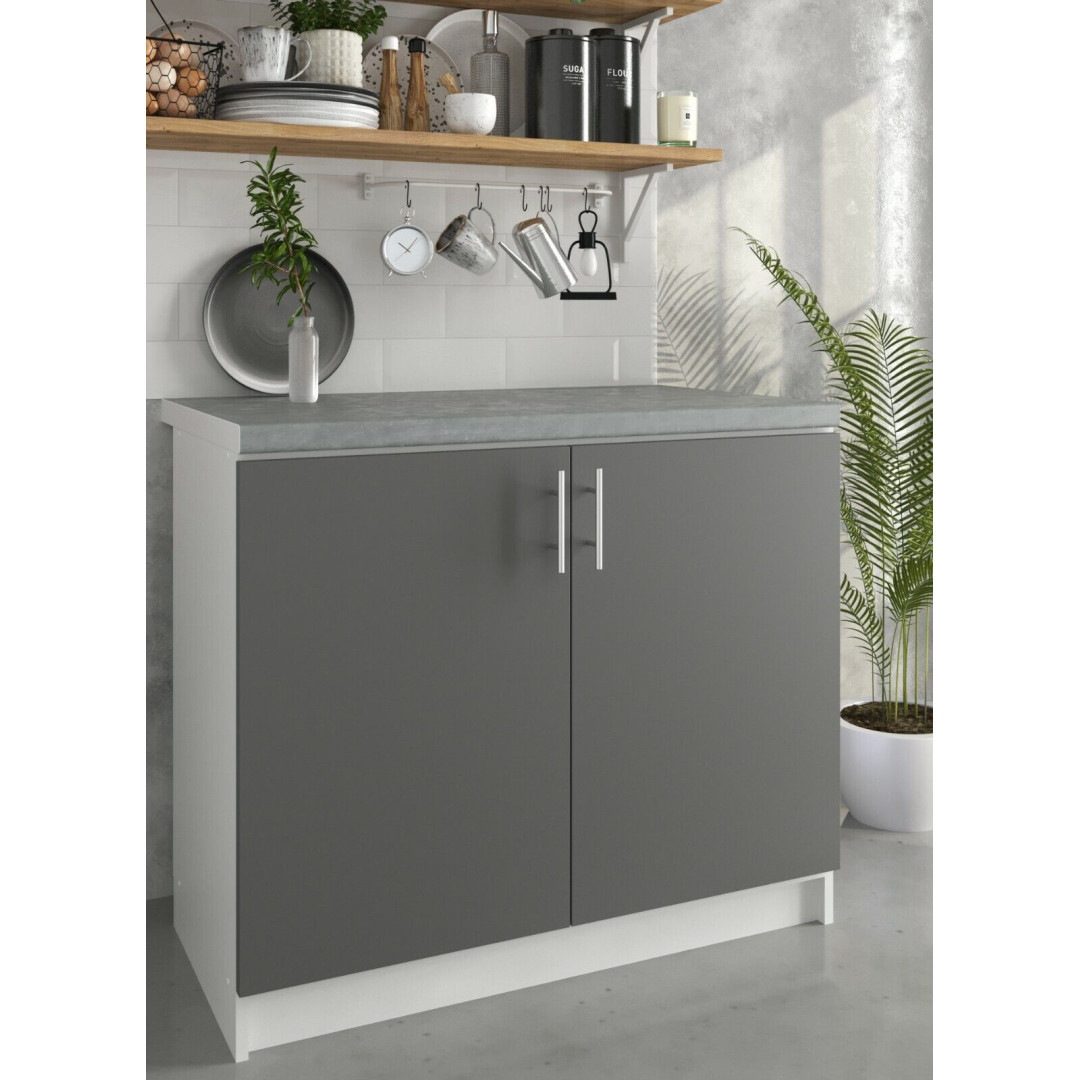 Kitchen Base Cabinet 1000mm Cupboard Unit Dark Grey - Grey - White Matt