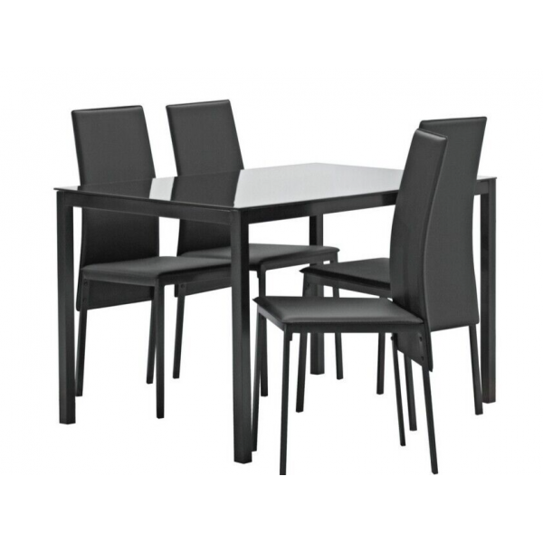Lido Glass Dining Table 4 Chairs in Black 120cm For Kitchen or Living Room