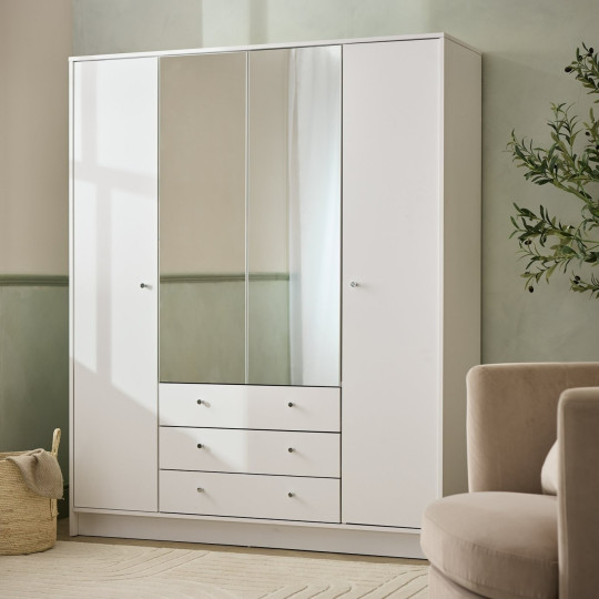 Home Malibu 4 Door 3 Drawer Mirror Wardrobe - White ( B Grade )