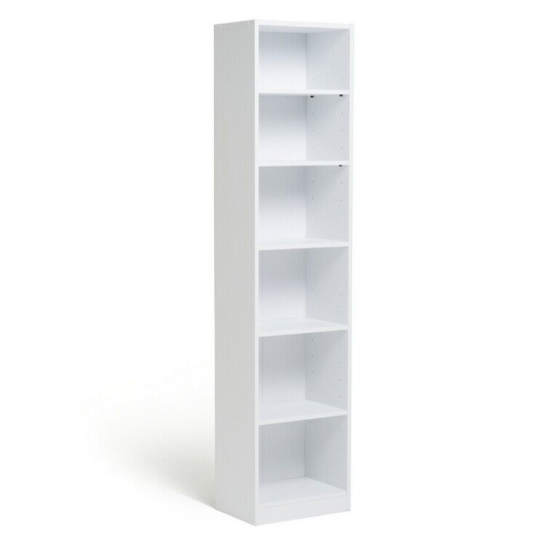 Maine Narrow 6 Shelf Bookcase - Shelving Storage Unit Display Cabinet - White