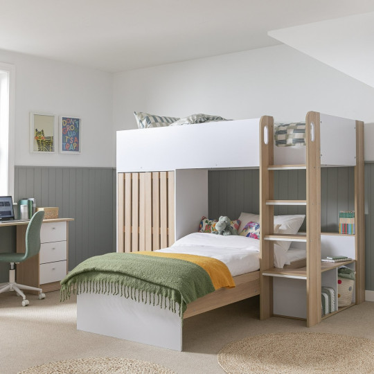 Norah L Shaped Single Bunk Bed- White & Oak | bunk bed for small room