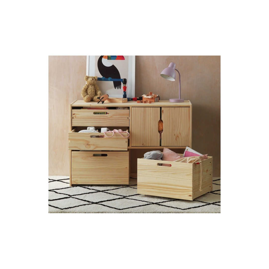 Kids Rico Double Solid Pine Storage Toy Box Natural Wood Work Space Shelves
