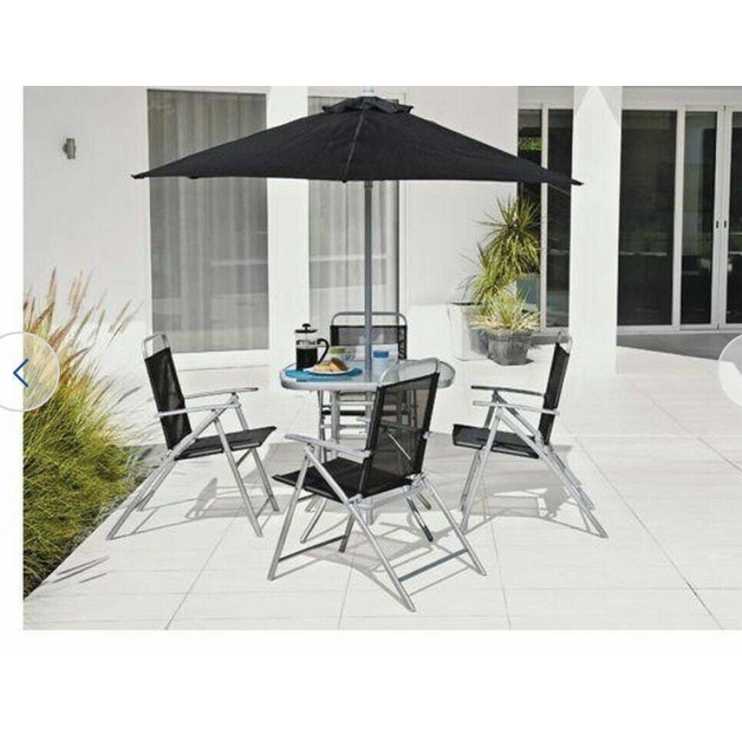6 Piece Garden Patio Furniture Sets Glass Top Table,4 Folding Chairs, Parasol