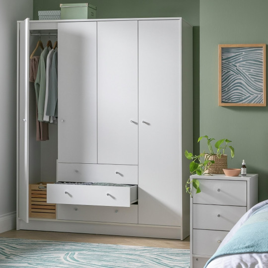 Home Malibu 4 Door 3 Drawer Wardrobe - White | Large white wardrobe with drawers