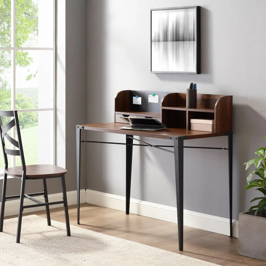 Nyla Angle Iron Desk with Hutch - Walnut