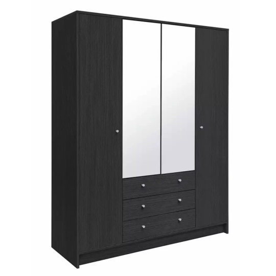 Home Malibu 4Dr 3 Drw Mirror Wardrobe-Black Oak Effect ( B Grade )