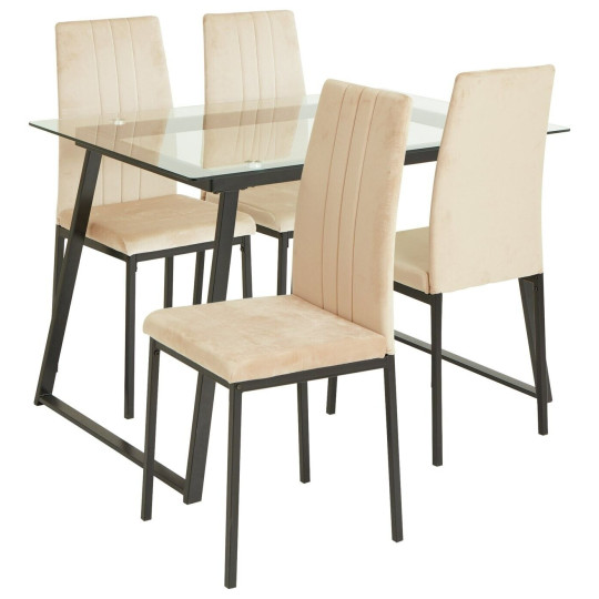 Home Tyrus Glass Dining Table & 4 Natural Chairs | Kitchen Dining Room Furniture