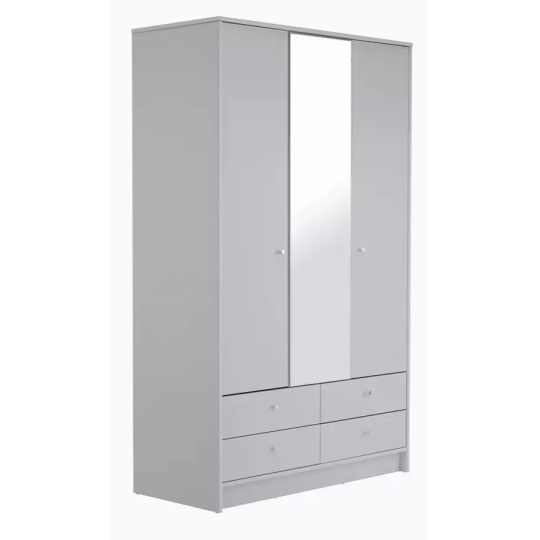 Home Malibu 3 Door 4 Drawer Mirror Wardrobe - Grey | Modern Bedroom Storage