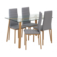 Helena Glass Dining Table and 4 Chairs in Grey Faux Leather For Kitchen
