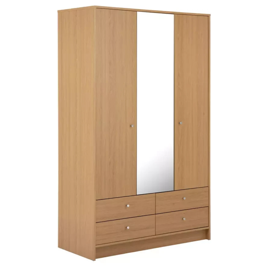 Home Malibu 3 Door 4 Drawer Mirror Wardrobe Oak Effect | Bedroom Storage Home Malibu 3 Door 4 Drawer Mirror Wardrobe Oak Effect | Bedroom Storage