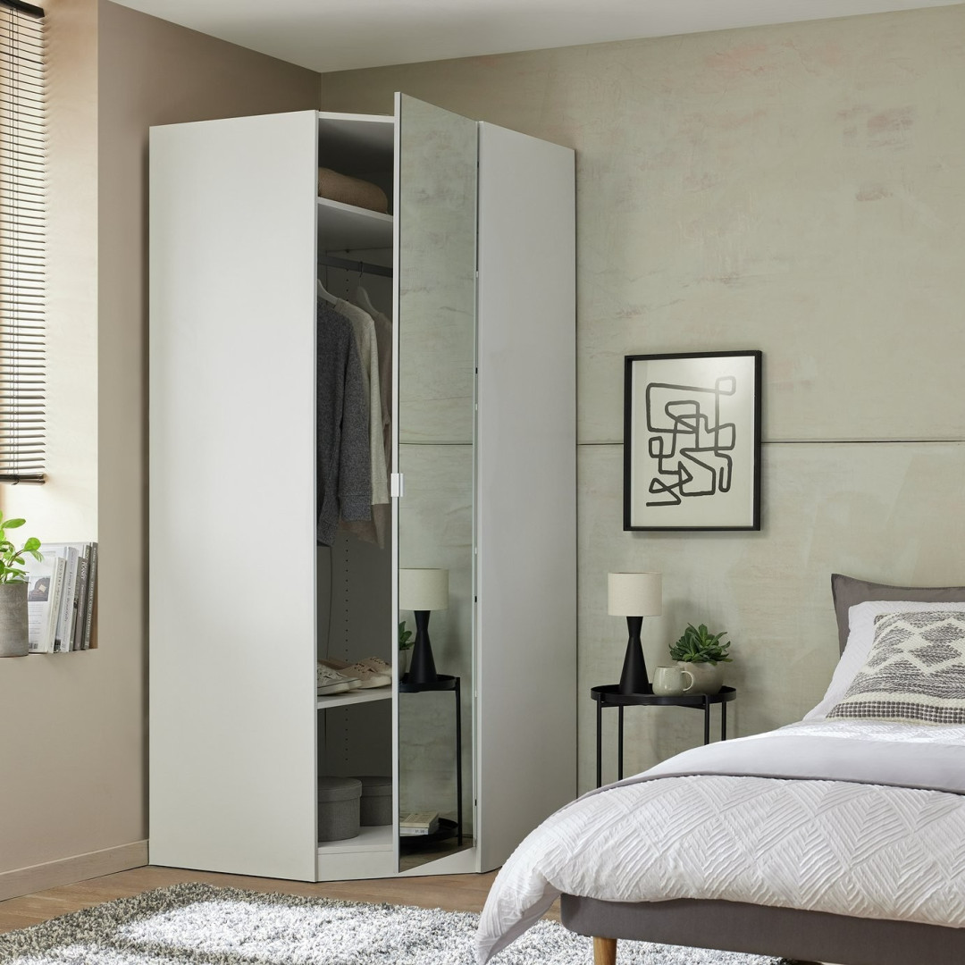 Munich Corner 1 Door Mirror Wardrobe - White | Stylish Room Arrangement Munich Corner 1 Door Mirror Wardrobe - White | Stylish Room Arrangement