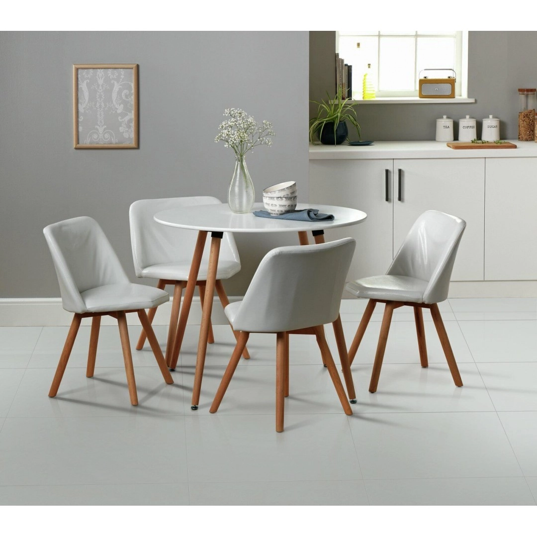 Quattro Modern Round Dining Table and 4 Chairs in White Faux Leather For Kitchen